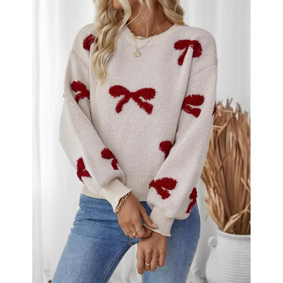 Women's Ribbed Knit Crewneck Sweater Fluffy Bow Valentines Casual Spring - Picture 2 of 6